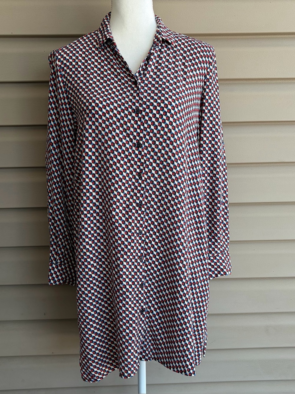 •MANGO• Geometric Print Button Down Tunic Blouse - Size Small